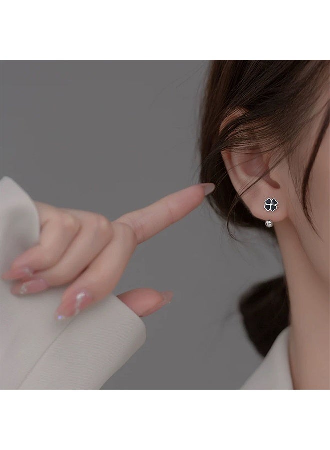20G Four Leaf Clover Half Hoop Earrings 925 Sterling Silver Cartilage Screw Back Ball Tiny Studs Black Enamel Love Heart Flower Dangle Drop Helix Earring Cute Lucky Jewelry for Women Gifts - Image 3